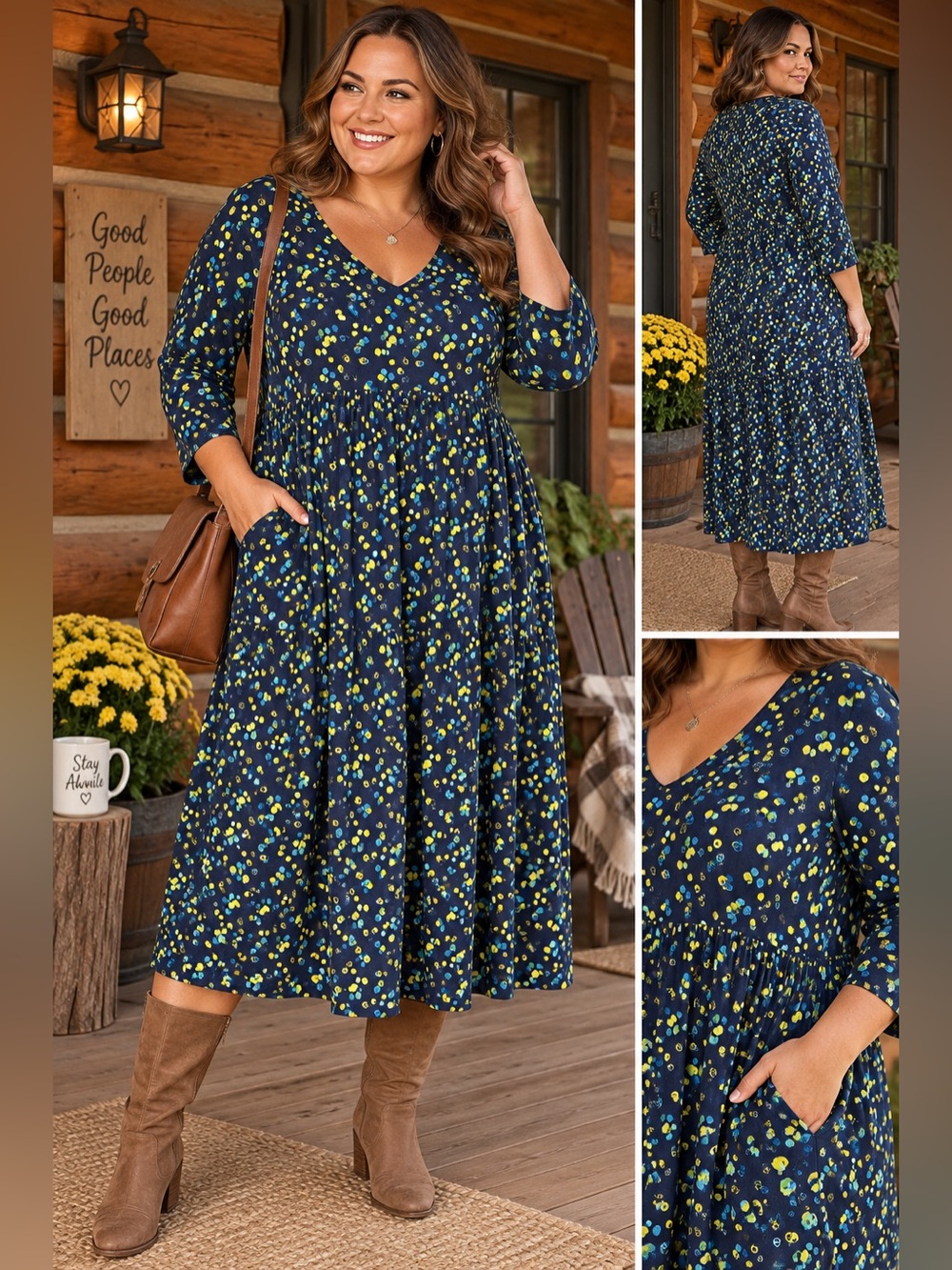 NWT Ulla Popken Navy Confetti Print Empire Waist Midi Dress Size 24/26 3X